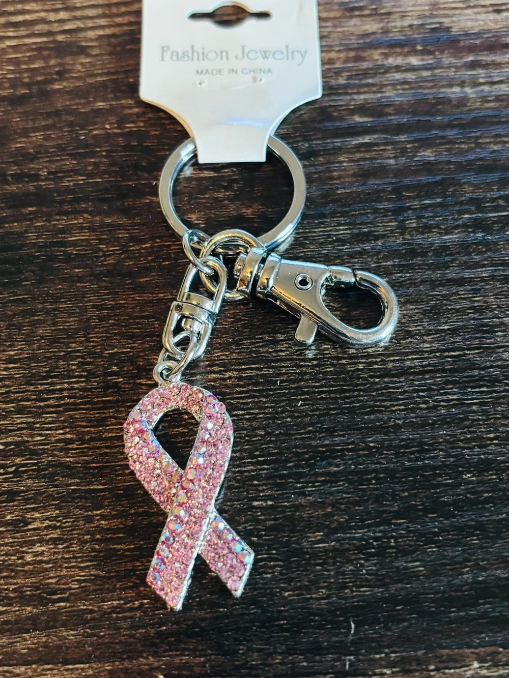 Pink‎ Crystal Breast Cancer  Awareness Ribbon Keychain with Clasp